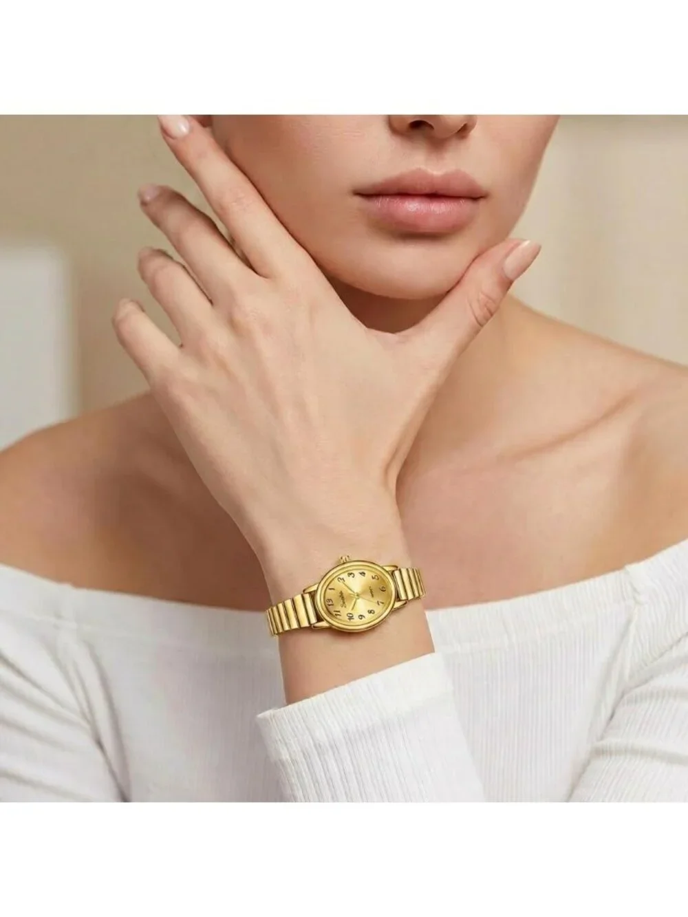 Women's All Gold Easy Read Oval Dial Analog Stainless Steel Bracelet Wrist Watch